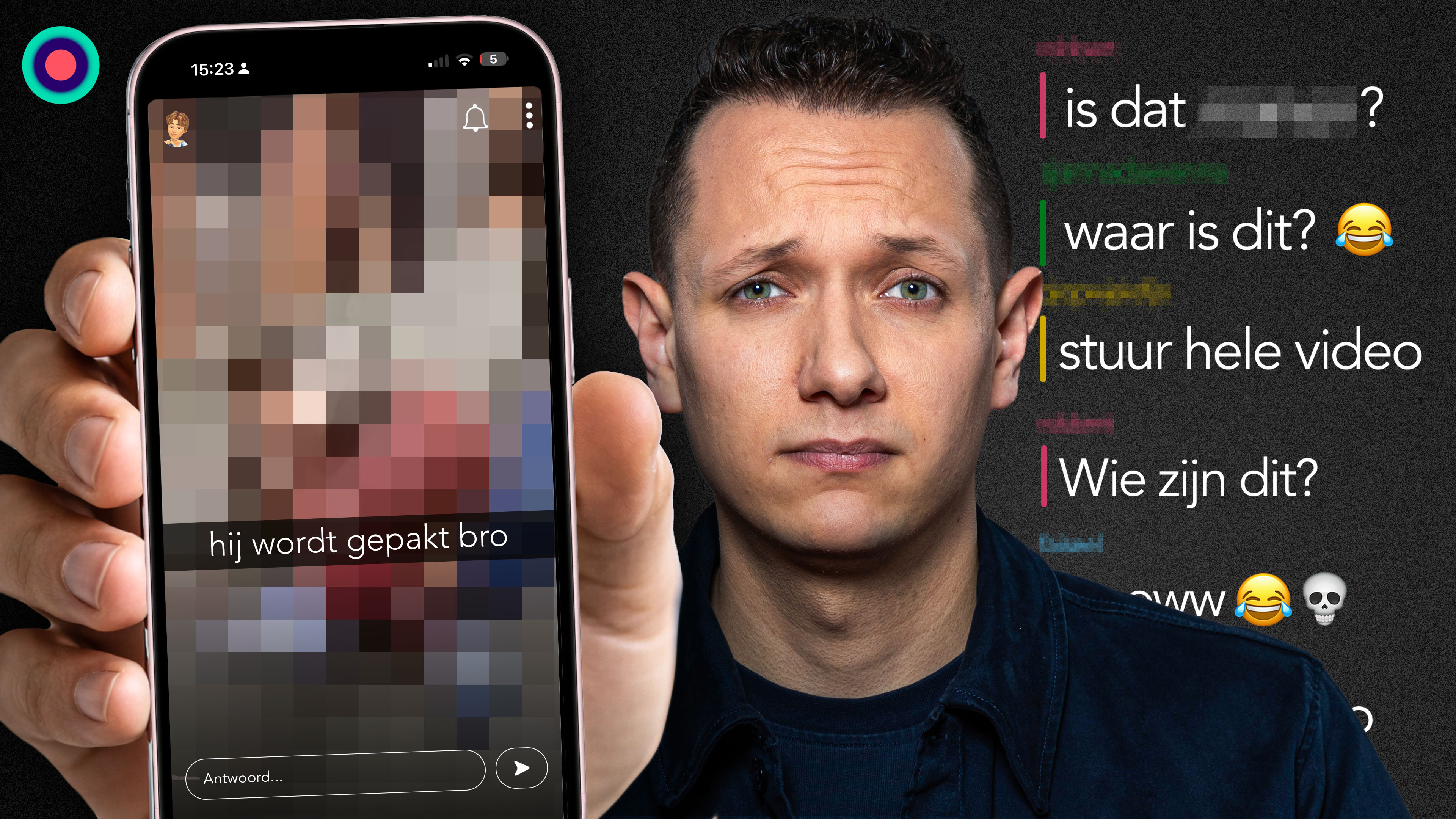 Afbeelding met daarop presentator Jos, en een telefoon met daarop geblurde beelden van een geweldsvideo