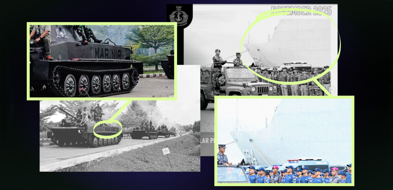 Collage van beelden waarop Indonesische marinemannen op rupsbandvoertuigen en marineschepen afgebeeld staan die op West-Papoea zijn.