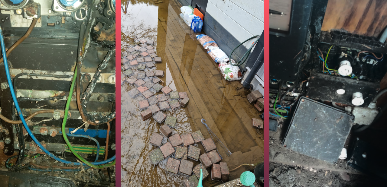 Foto's van problemen op vakantiepark Tergouw, zoals kapotte elektra en overstroming