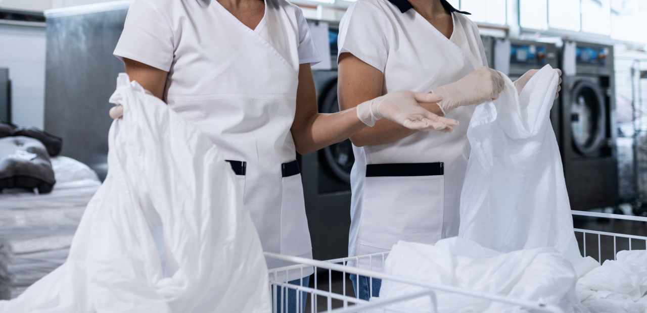 Afbeelding met daarop twee medewerkers in een wasserij, foto ter illustratie