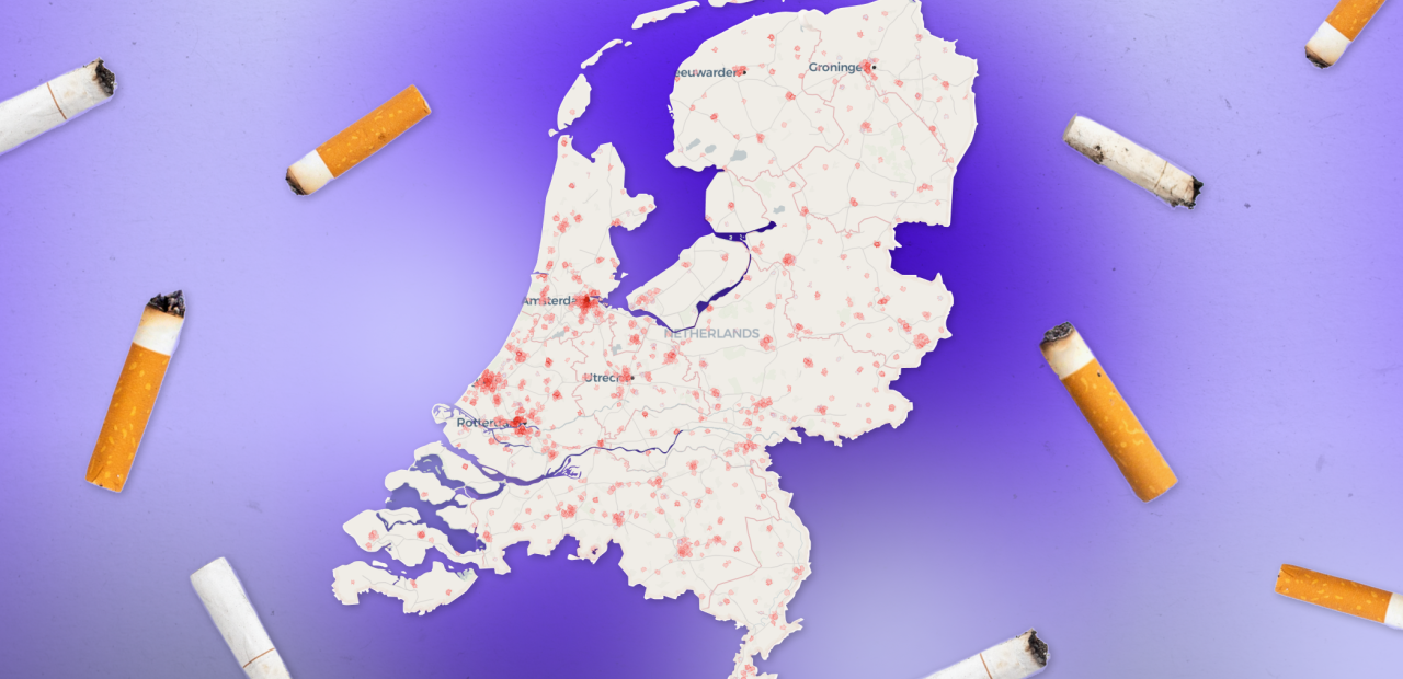 Kaart van Nederland met tabaksverkooppunten en sigarettenpeuken eromheen geïllustreerd