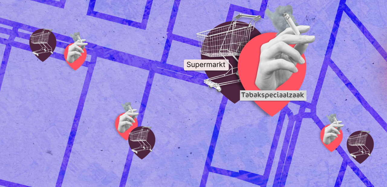 Een plattegrond met geïlustreerde iconen van tabaksverkooppunten naast supermarktlocatiessupermarktlocaties