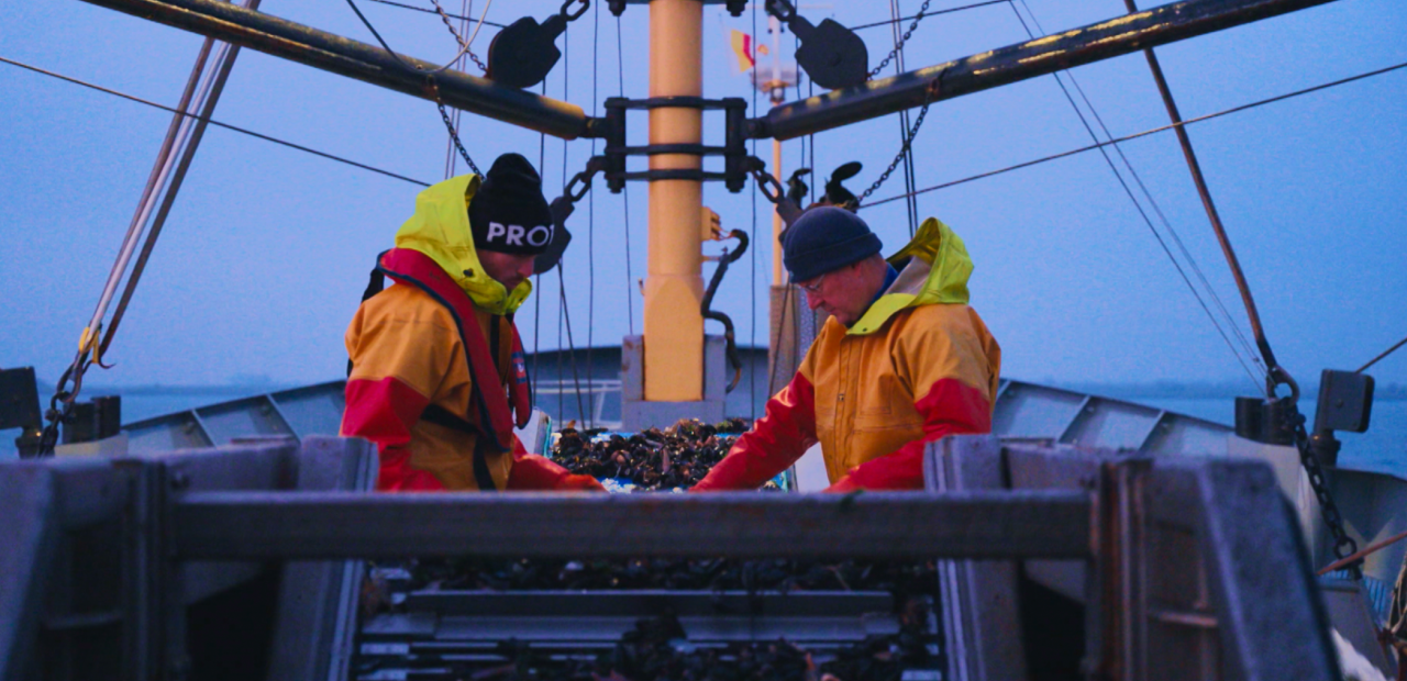 Twee mosselvissers op kotter 