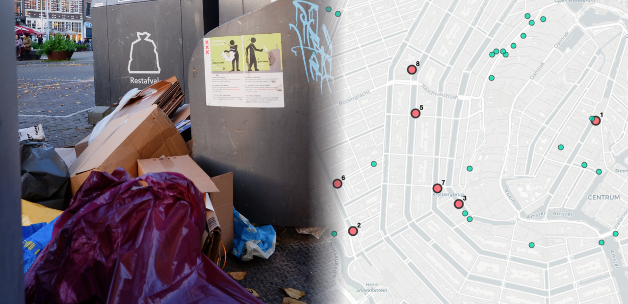 Afval bij containers op de hoek van de Kloveniersburg en de Nieuwmarkt