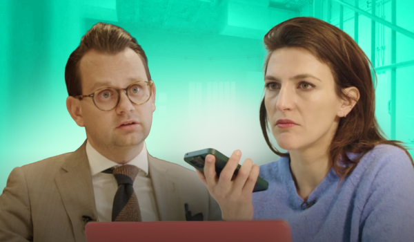 Afbeelding met daarop presentator Anna Gimbrere en advocaat Johan Oosterhagen
