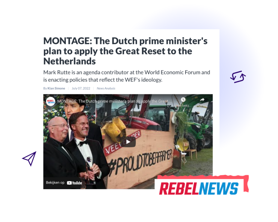 Screenshot Rebel News artikel over de Great Reset Screenshot van een publicatie van Rebel News met de titel: The Dutch prime minister's plan to apply the Great Reset to the Netherlands.