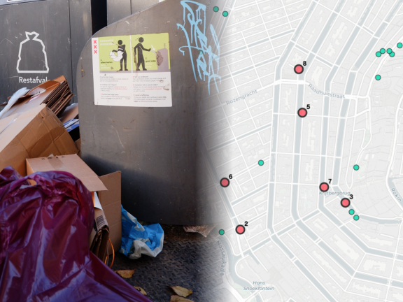 Afval bij containers op de hoek van de Kloveniersburg en de Nieuwmarkt