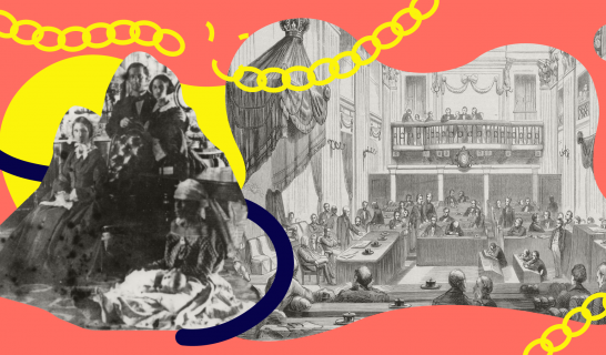 Header besluitvorming afschaffing slavernij Bosch Reitz en zijn 'huisslaven' op de foto. Op de achtergrond de oude Tweede Kamer.