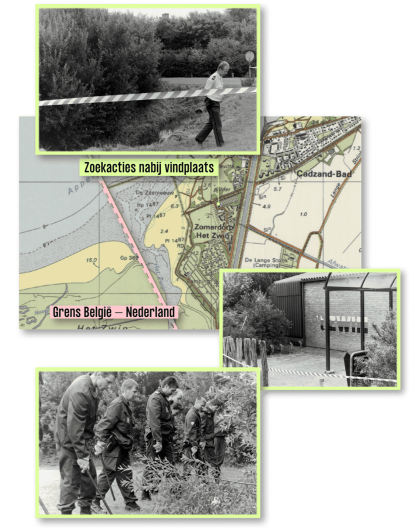 Een kaart van het gebied rond Zomerdorp het Zwin uit 1994, met daaromheen zwartwitfoto's van een ME-peloton en een rechercheur tijdens de zoekacties bij de plaats delict