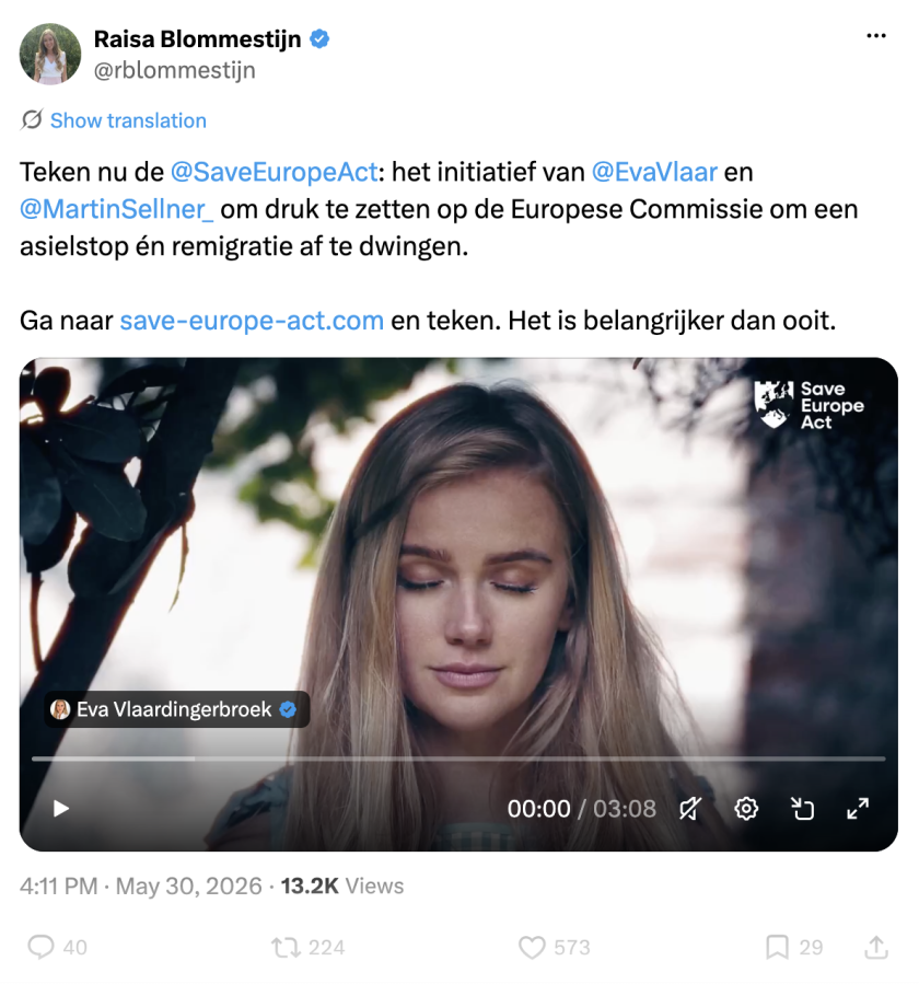 Raisa Blommestijn op X, 30 mei 2026: "Teken nu de @SaveEuropeAct".