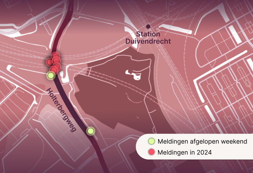 Kaart van Amsterdam in de buurt van station Duivendrecht, met daarop zeven punten die vrouwen als onveilig meldden