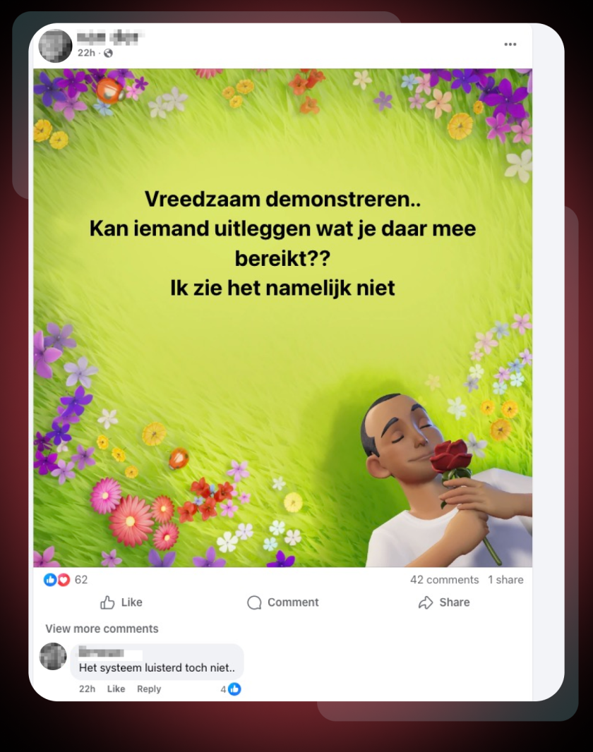 "Vreedzaam demonstreren.. Kan iemand uitleggen wat je daar mee bereikt?? Ik zie het namelijk niet"