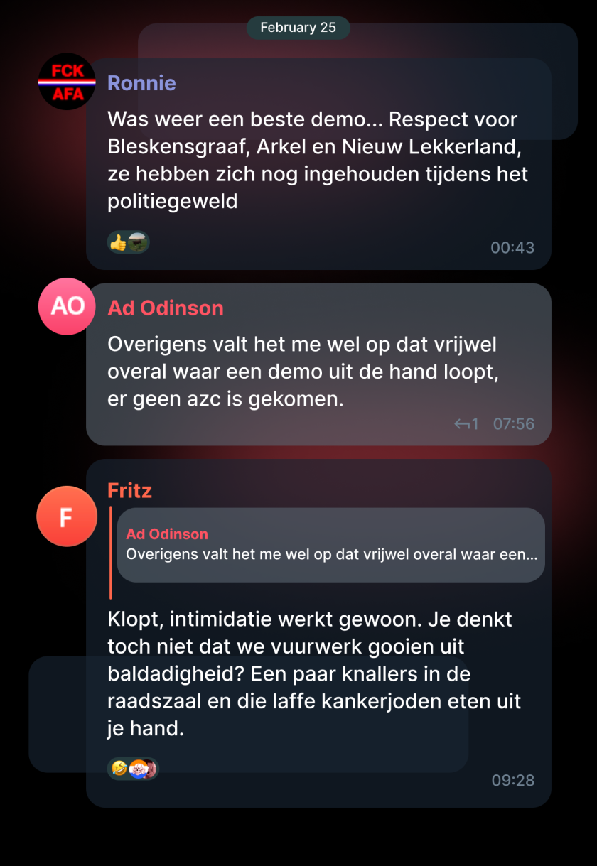Fritz reageert op Ad Odinson: 'Klopt, intimidatie werkt gewoon. Een paar knallers in de raadszaal en die laffe kankerjoden eten uit je hand.' 