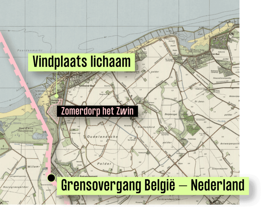 Een kaart van het grensgebied tussen België en Zeeuws-Vlaanderen, met daarop aangemerkt de vindplaats van het lichaam, Zomerdorp het Zwin en de dichtstbijzijnde grensovergang