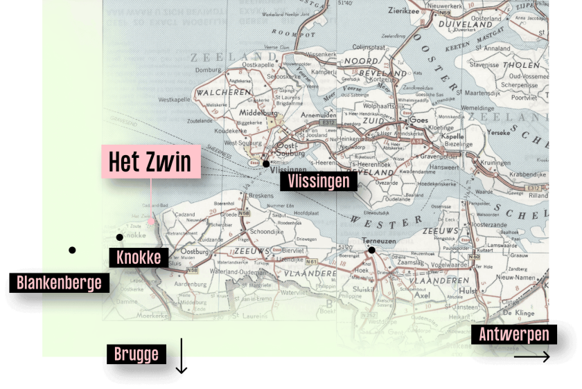 Een kaart van Zeeuws-Vlaanderen en België met daarop gemarkeerd de nabijgelegen plaatsen