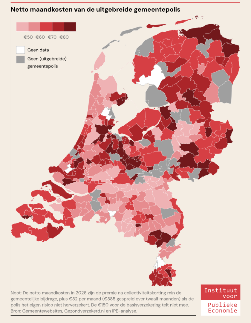 Overzicht kosten gemeentepolis min basisverzekering, per gemeente