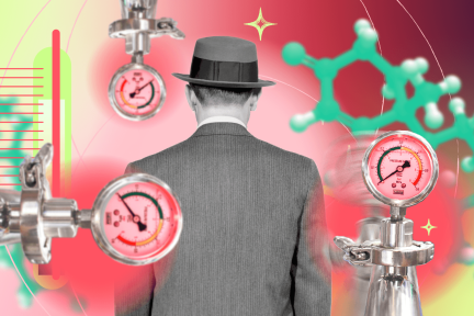 Man met fedora staat met de rug gekeerd naar de lezer. Allerlei druk-machientjes en DNA-illustraties vliegen door de ruimte.