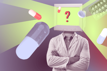 Een apotheker in een dokters jas staat met armen gekruist. Op de plaats van diens hoofd is een ouderwets computerscherm waaruit pillen naar buiten vliegen.