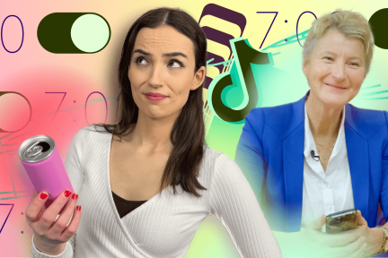 Presentator Marieke kijkt vragend voor zich uit. Naast haar zit een expert.