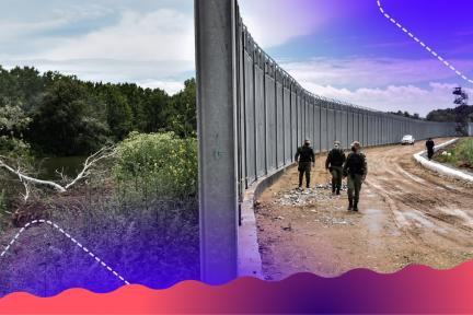 Foto van grensmuur Turkije en Griekenland, met grenswachten erbij