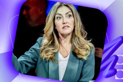 Header met een foto van VVD-lijsttrekker Dilan Yesilgöz in een groen pak die bij een debat aan het woord is