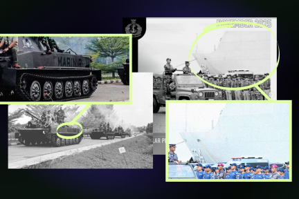 Collage van beelden waarop Indonesische marinemannen op rupsbandvoertuigen en marineschepen afgebeeld staan die op West-Papoea zijn.