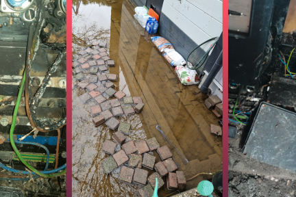 Foto's van problemen op vakantiepark Tergouw, zoals kapotte elektra en overstroming