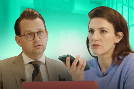 Afbeelding met daarop presentator Anna Gimbrere en advocaat Johan Oosterhagen