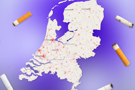 Kaart van Nederland met tabaksverkooppunten en sigarettenpeuken eromheen geïllustreerd