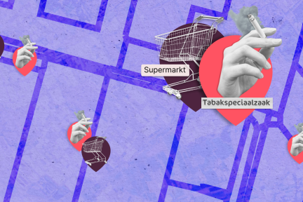 Een plattegrond met geïlustreerde iconen van tabaksverkooppunten naast supermarktlocatiessupermarktlocaties