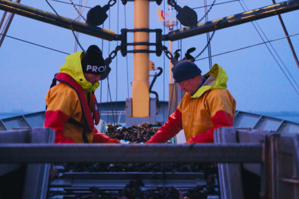 Twee mosselvissers op kotter 