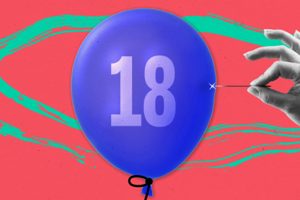 Een ballon met daarop het getal 18, die wordt doorgeprikt