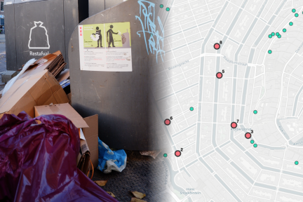 Afval bij containers op de hoek van de Kloveniersburg en de Nieuwmarkt