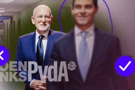 Afbeelding met daarop Frans Timmermans (GL-PvdA) en Rob Jetten (D66)