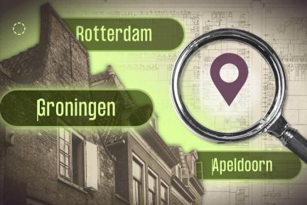 Teaser afbeelding waarin een kaart en panden zijn afgebeeld met een vergrootglas