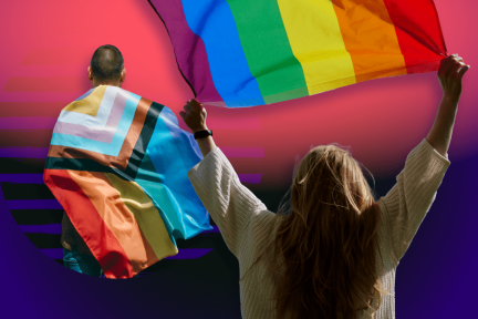 Twee lhbti+ personen met een Pride vlag