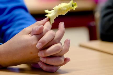 Schoolkinderen eten een appel in een klaslokaal. / ANP foto