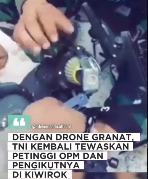 In beeld zijn handen van Indonesische militairen die een groene granaat op een drone monteren