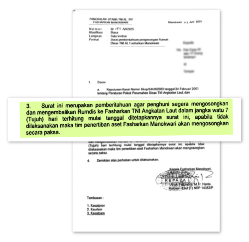 Foto van de eviction letter in Manokwari die bewoners van de plaatselijke marine ontvingen