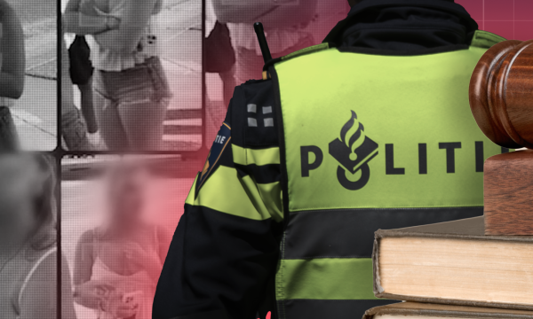 Op de achtergrond meerdere screenshots uit video's die stiekem gemaakt zijn van vrouwen op straat. Op de voorgrond een politieagent van de rug bezien en een rechterlijke hamer