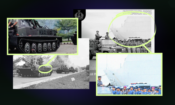 Collage van beelden waarop Indonesische marinemannen op rupsbandvoertuigen en marineschepen afgebeeld staan die op West-Papoea zijn.