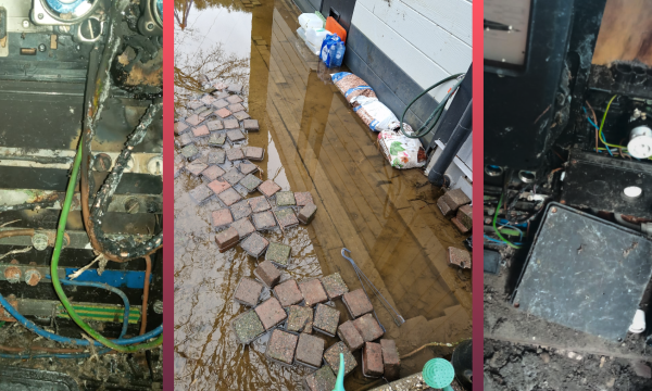 Foto's van problemen op vakantiepark Tergouw, zoals kapotte elektra en overstroming