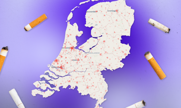 Kaart van Nederland met tabaksverkooppunten en sigarettenpeuken eromheen geïllustreerd
