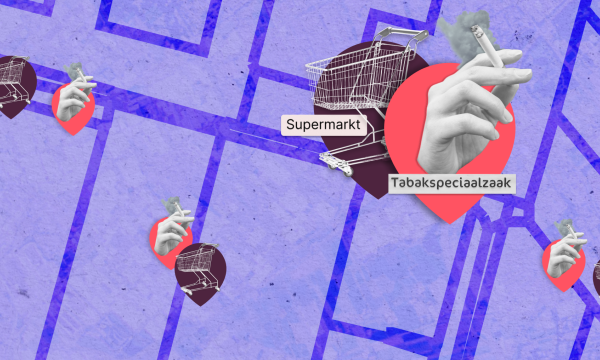 Een plattegrond met geïlustreerde iconen van tabaksverkooppunten naast supermarktlocatiessupermarktlocaties