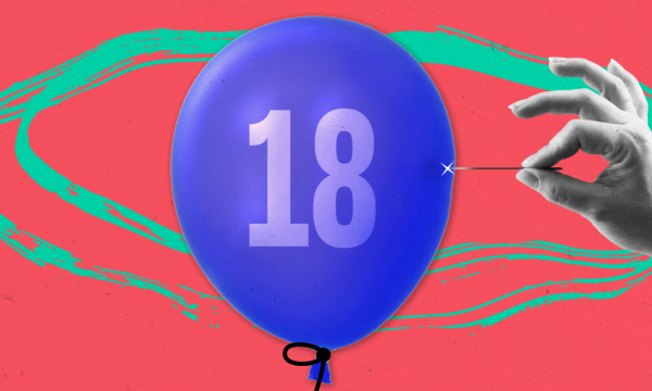 Een ballon met daarop het getal 18, die wordt doorgeprikt