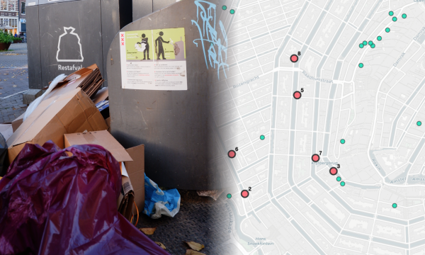 Afval bij containers op de hoek van de Kloveniersburg en de Nieuwmarkt