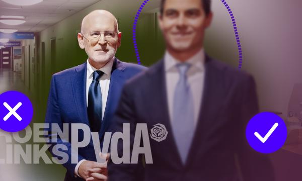Afbeelding met daarop Frans Timmermans (GL-PvdA) en Rob Jetten (D66)