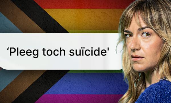 Afbeelding met daarop presentator Marijn Frank, de Pride-vlag en een haatcomment op social media