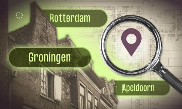 Teaser afbeelding waarin een kaart en panden zijn afgebeeld met een vergrootglas